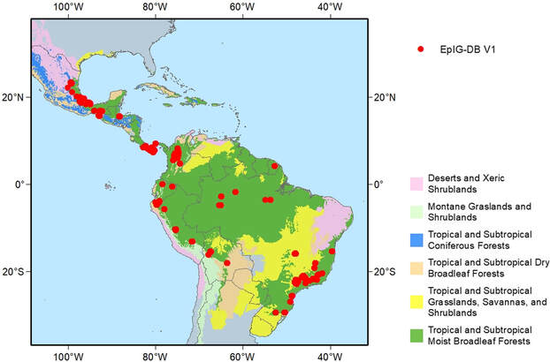 Figure 3: Spatial distribution of 40 datasets integrated in EpIG-DB 1.0 across the Neotropic WWF biomes.